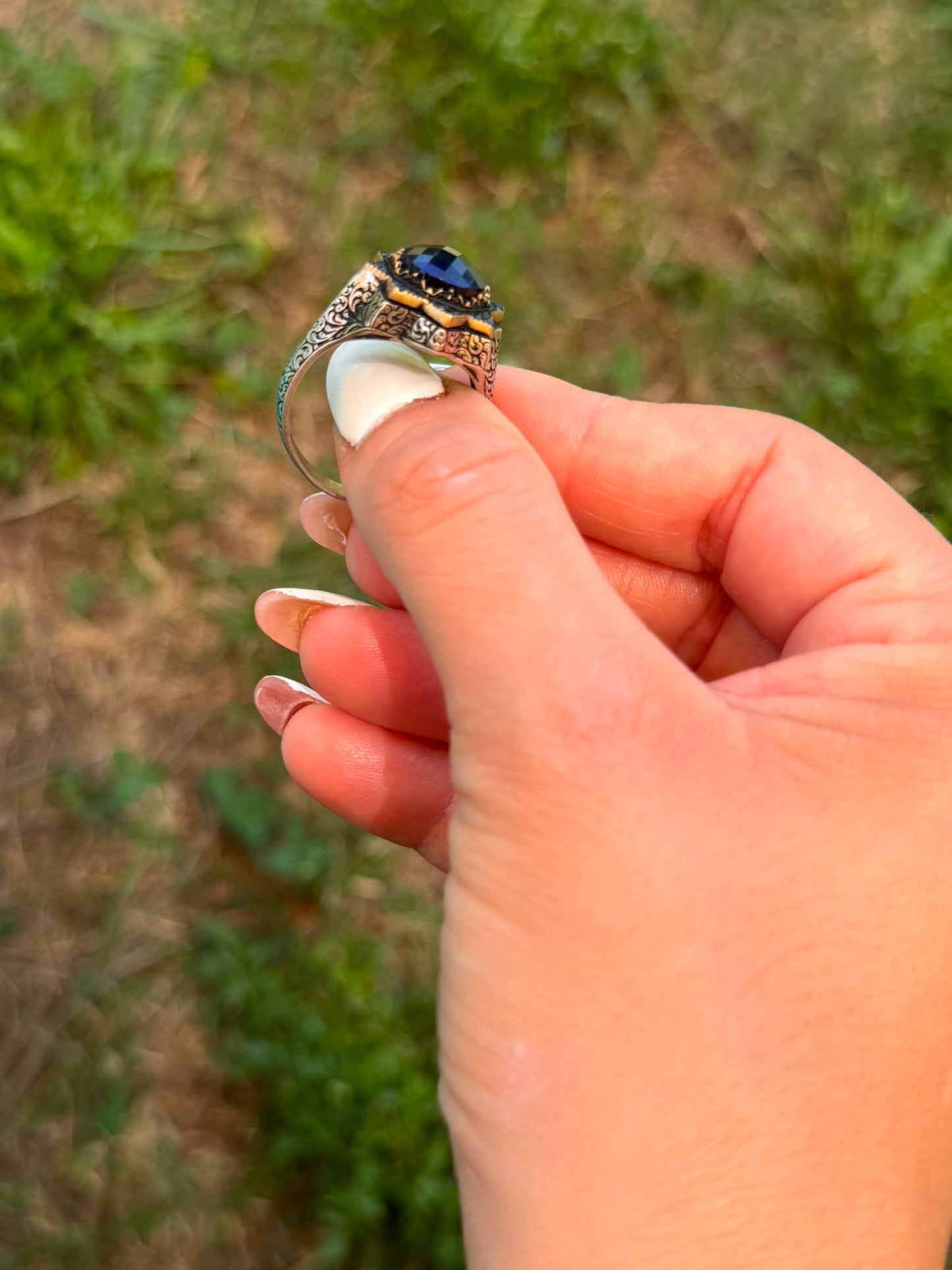 Anello in Argento 925 a Stella con Zaffiro Blu Taglio Sfaccettato