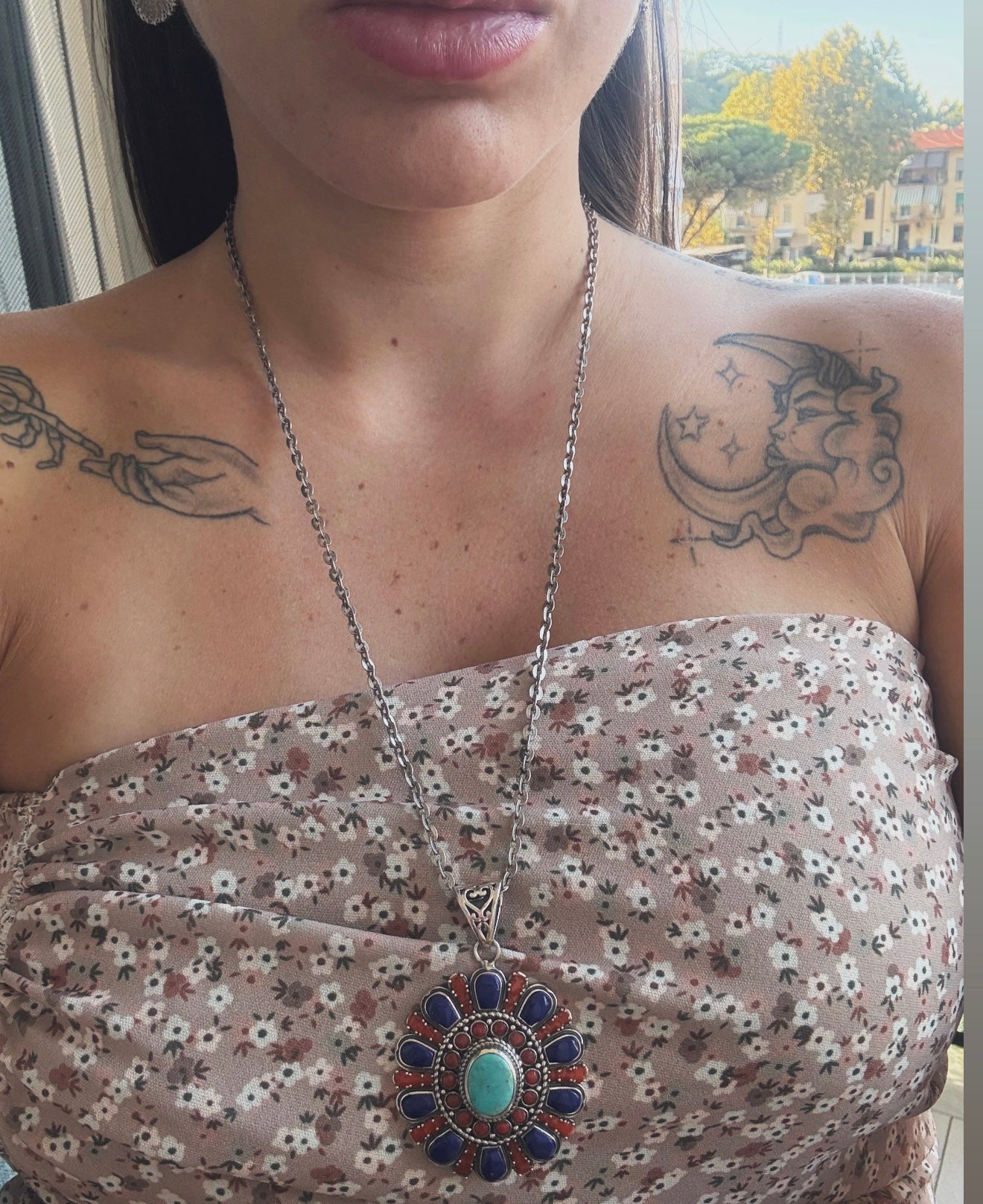 Collana in argento 925 ciondolo fiore lapis blu, corallo rosso e turchese