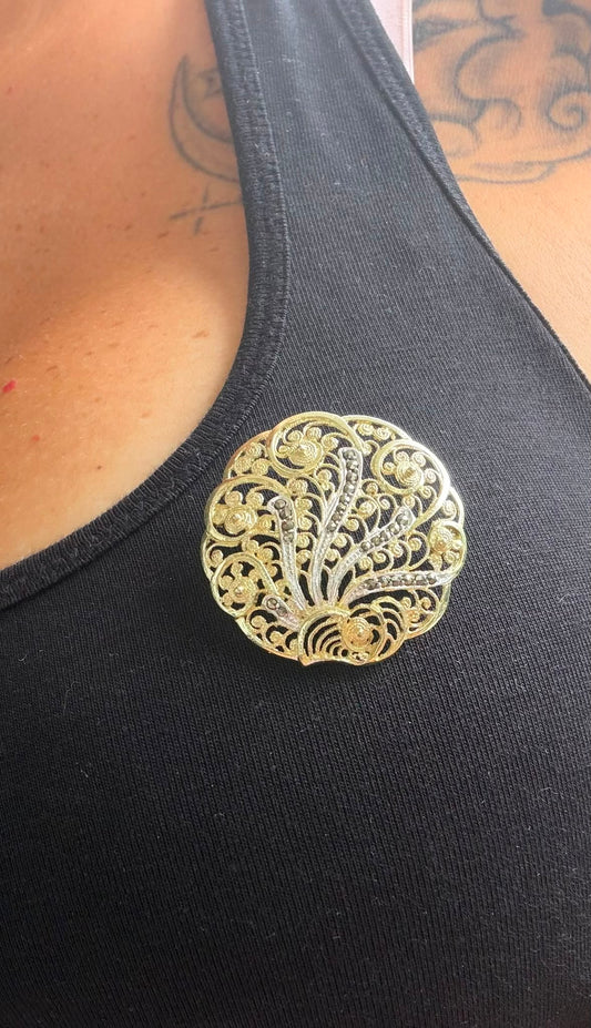Spilla Filigranata Sarda in Argento 925 Dorata con Marcasiti – Pezzo Unico