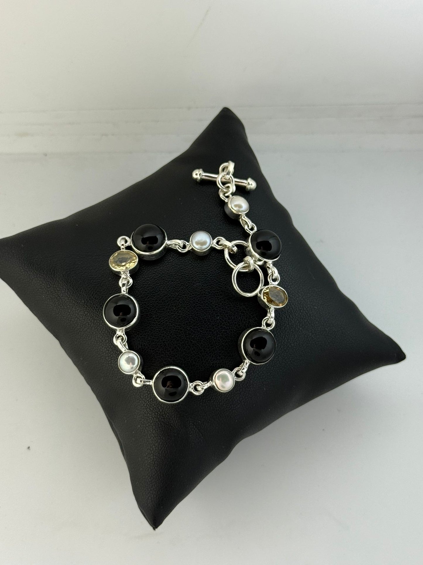 Bracciale Argento 925 Onice Citrino Perla - Pietre Naturali Regolabile