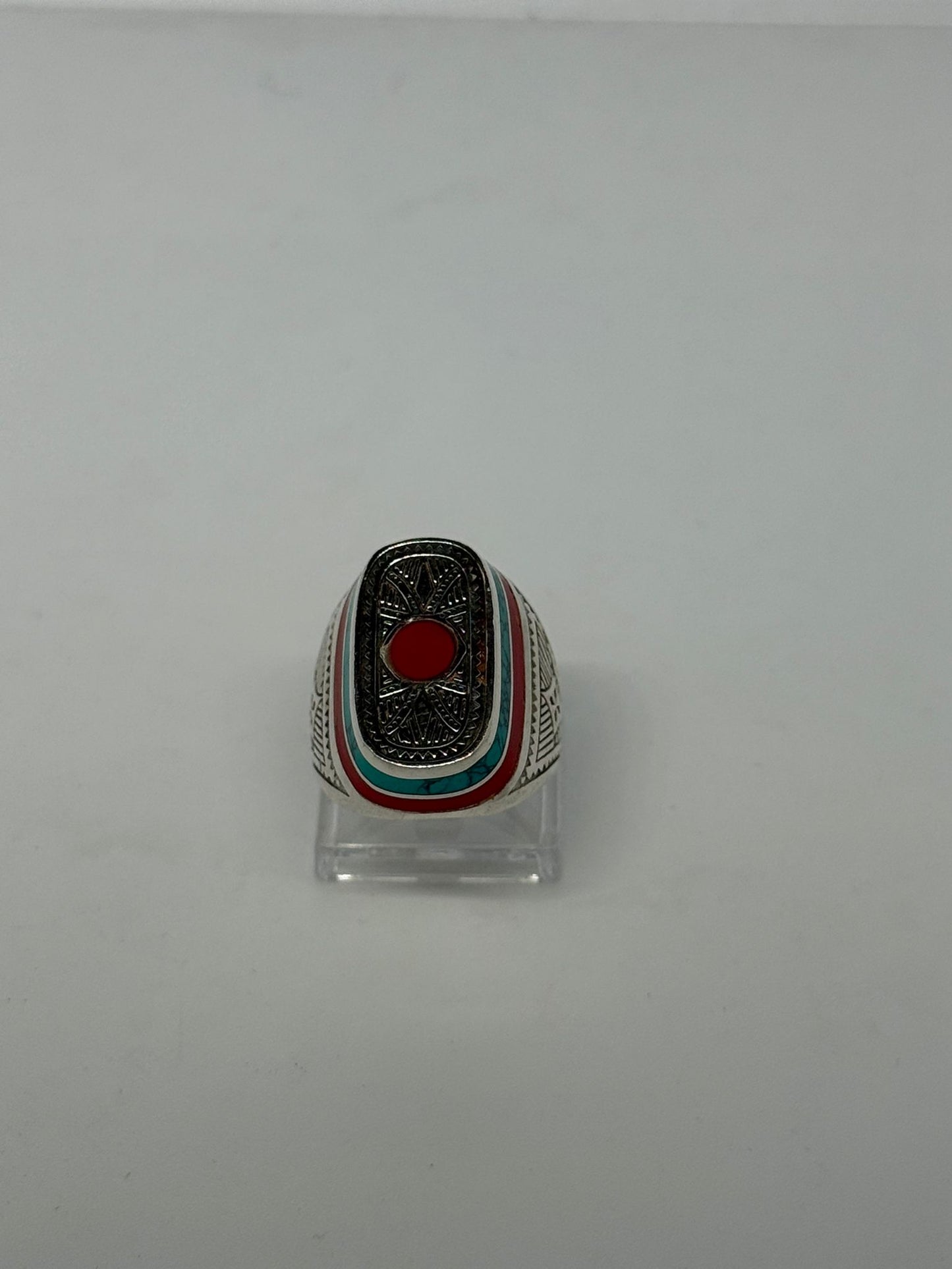 Anello Mosaico Argento 925 Massiccio Diaspro Rosso e Turchese | Misura 18 | Pezzo Unico