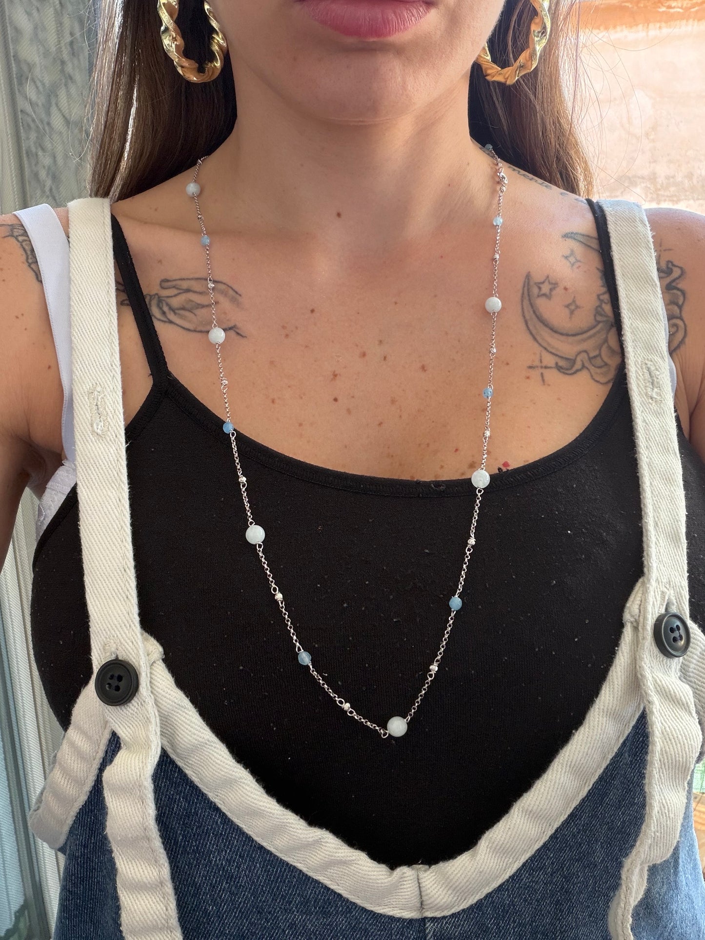 Collana lunga in argento 925 pietre agata blu e calcedonio.
