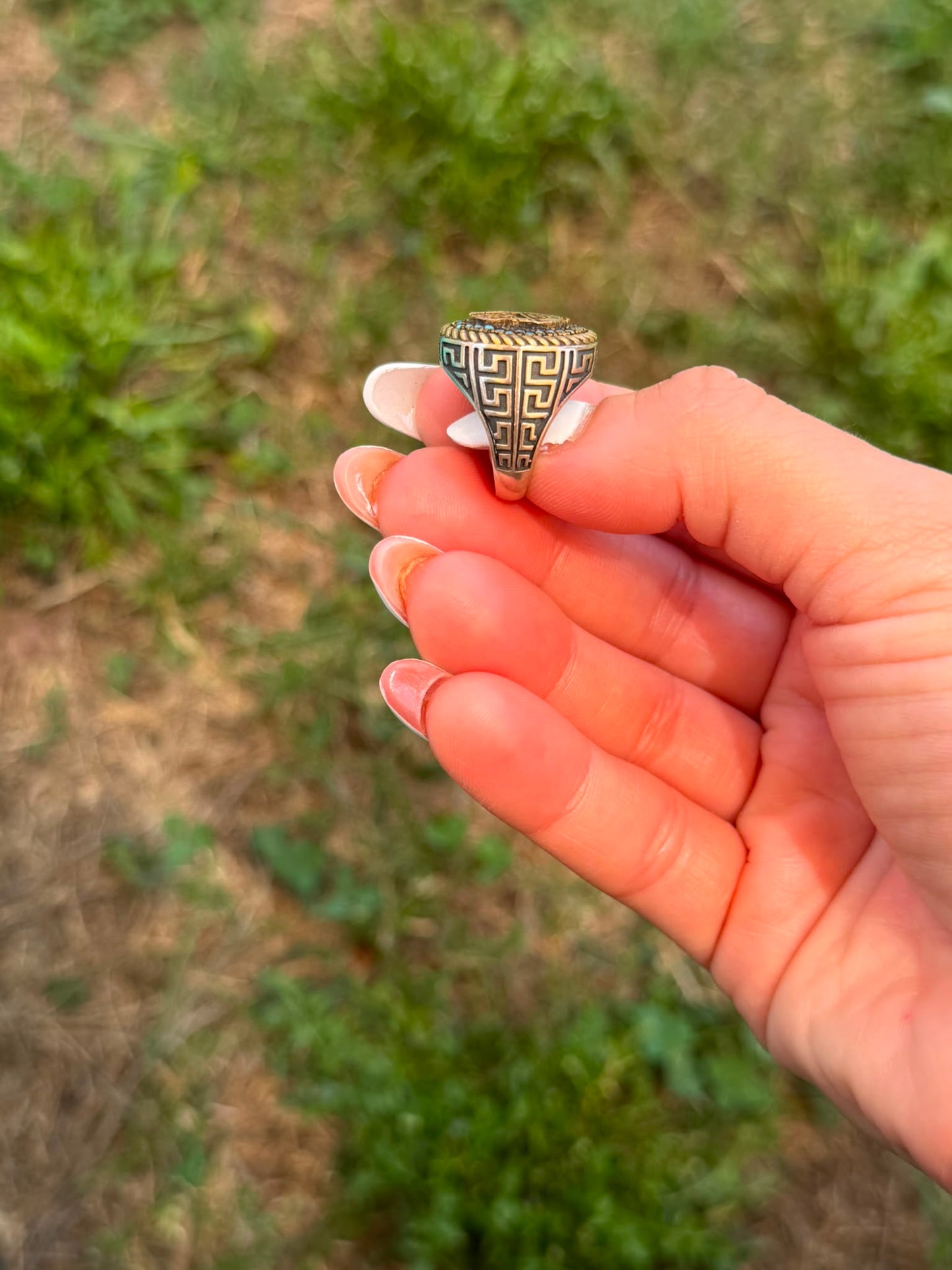 Anello in Argento 925 e Bronzo con Guerriero Centrale e Pietra Turchese