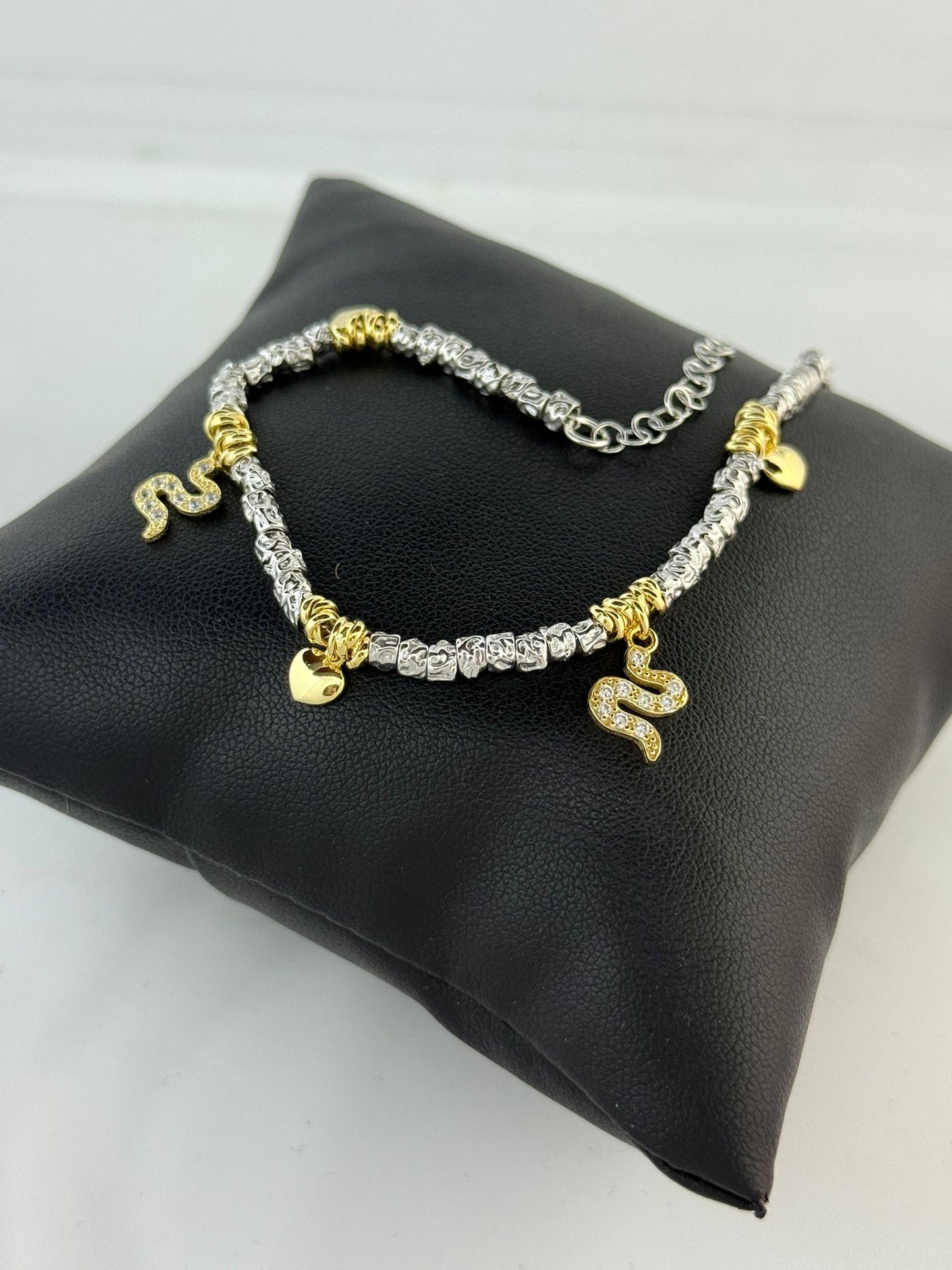Bracciale Argento 925 Pepite Ciondoli Oro 18kt Cuori Serpenti Zirconi