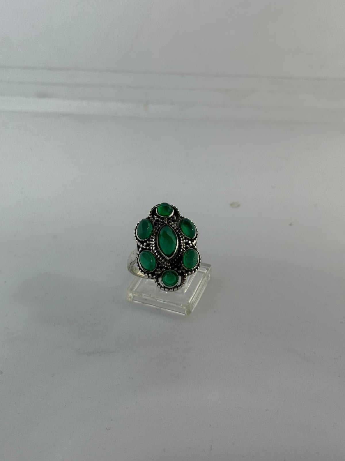 Anello Fiore Argento 925 Giada Verde e Radice di Smeraldo | Misura 22 | Pezzo Unico