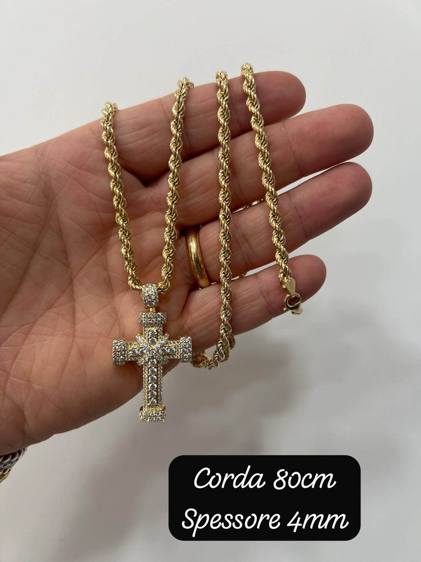 Collana fune intrecciata in argento 925 bagnata nell’oro con croce pietre bianche incastonate