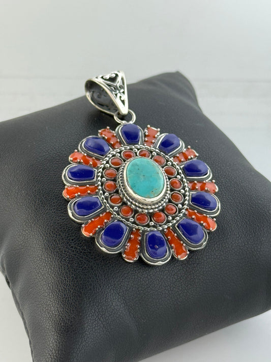 Collana in argento 925 ciondolo fiore lapis blu, corallo rosso e turchese