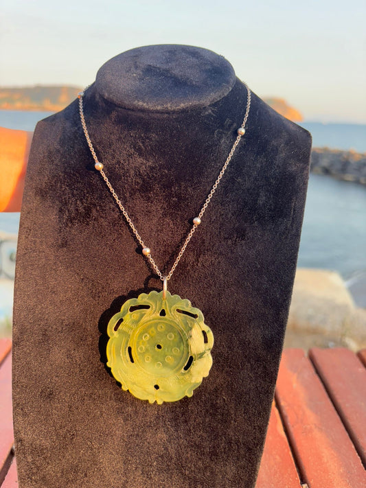 Collana Argento 925 con Grande Ciondolo Giada Verde Incisa – Animali Pezzo Unico