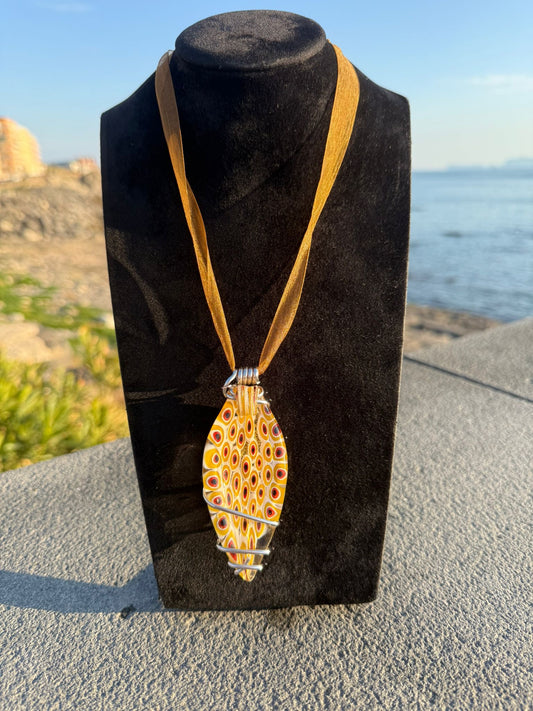 Collana Argento 925 con Ciondolo Piuma Grande e Pietra Murrina – Pezzo Unico