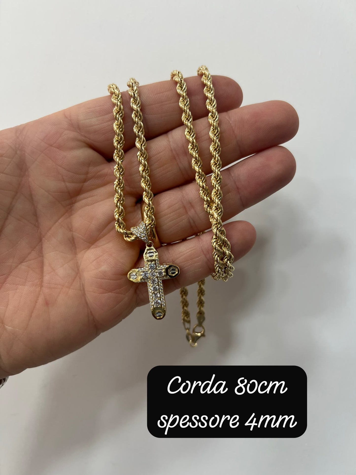 Collana fune intrecciata in argento 925 bagnata nell’oro con croce pietre bianche incastonate