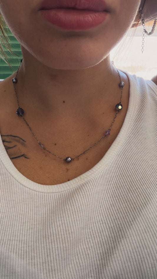 Collana in argento 925 con pietre viola, perle e cuore di ametista – Artigianale