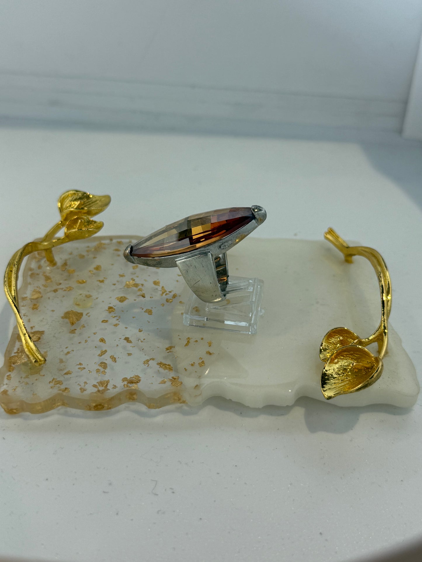 Anello Argento 925 a Spatola con Pietra Arancione Sfaccettata | Misura 18-19 | Pezzo Unico