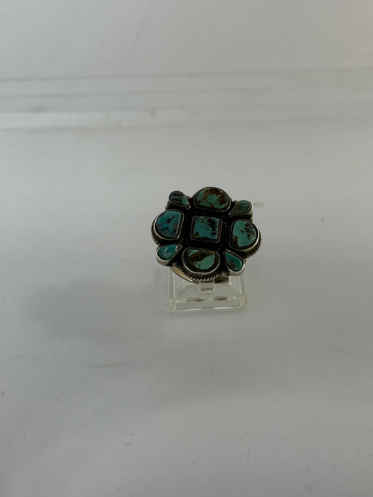 Anello Fiore Argento 925 con Turchese Verde Naturale | Regolabile | Pezzo Unico