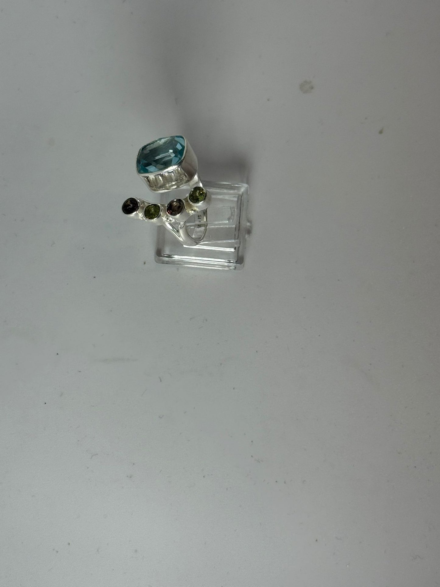 Anello Argento 925 Acquamarina Serpentino Verde e Quarzo | Regolabile | Pezzo Unico
