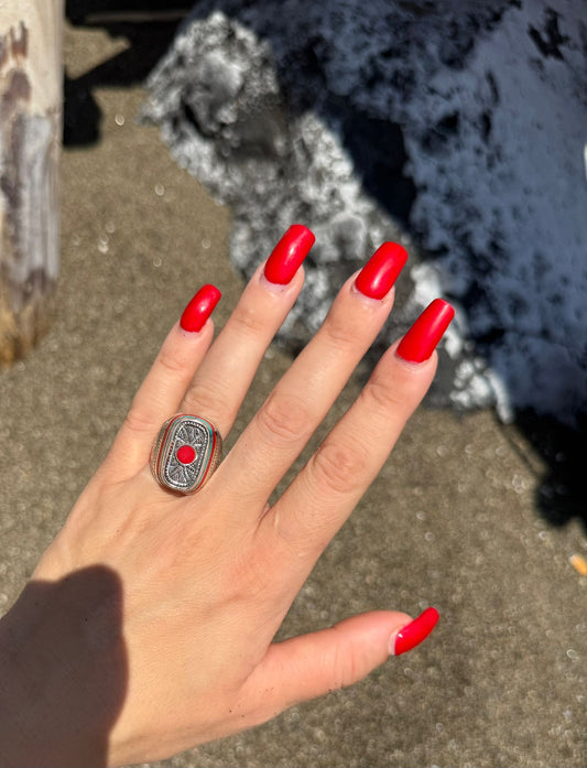 Anello Mosaico Argento 925 Massiccio Diaspro Rosso e Turchese | Misura 18 | Pezzo Unico