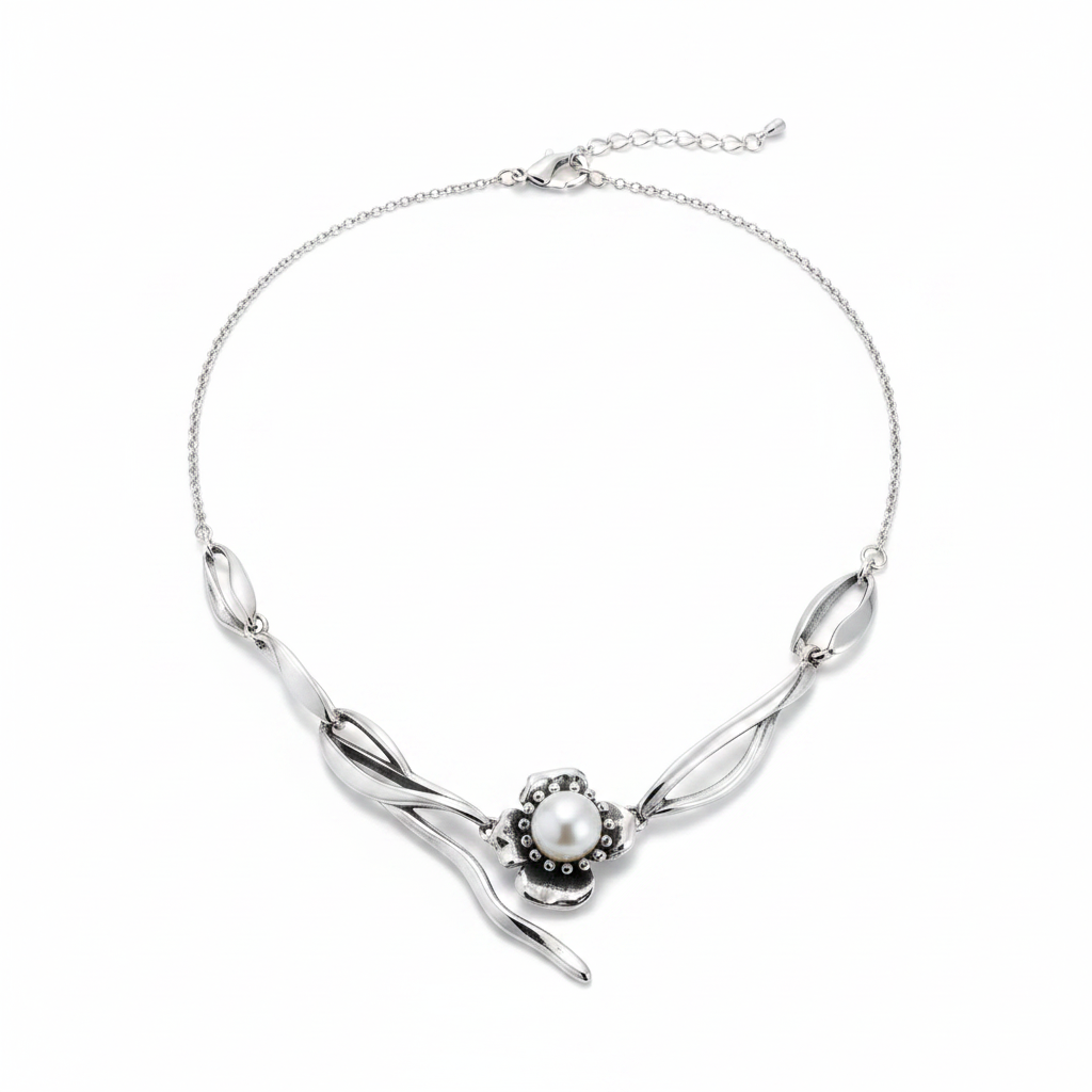Collana in Argento 925 con Perla Bianca e Fiore