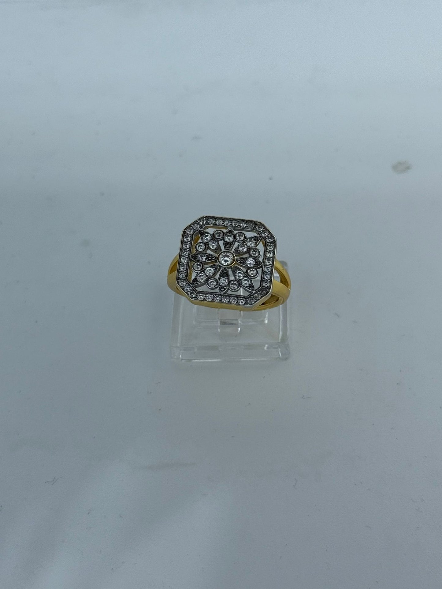 Anello Art Déco Argento 925 Oro con Fiore e Pietre Bianche | Regolabile | Pezzo Unico