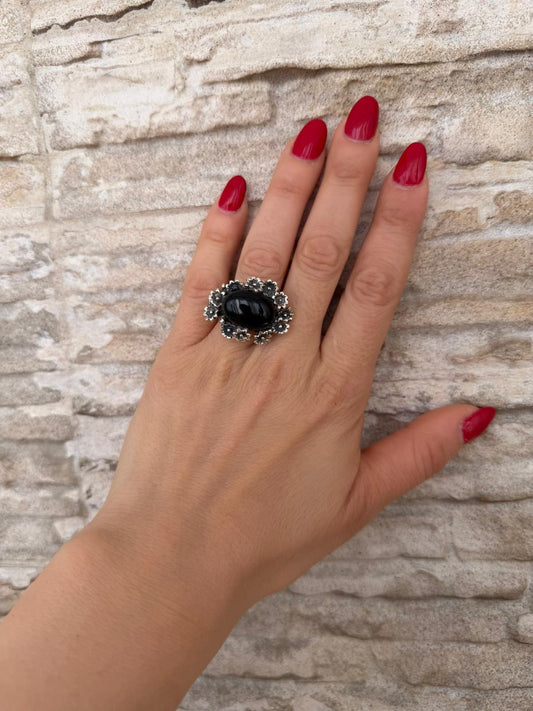 Anello Fiori Argento 925 con Onice Nero – Pezzo Unico