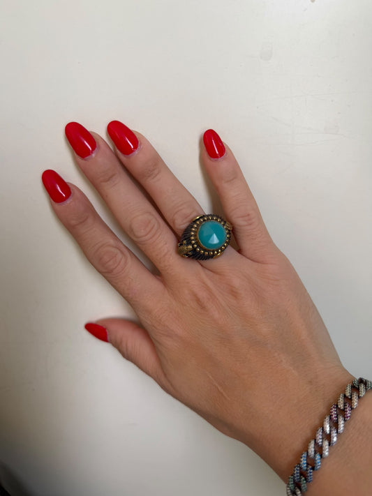 Anello in argento 925 e bronzo con calcedonio azzurro