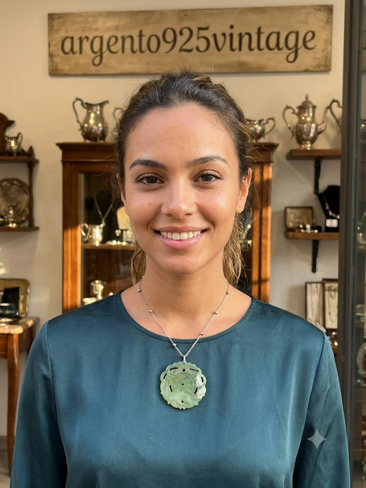 Collana Argento 925 con Grande Ciondolo Giada Verde Incisa – Animali Pezzo Unico