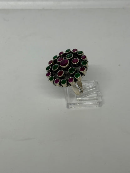 Anello in argento 925 radice di rubino e smeraldo verde