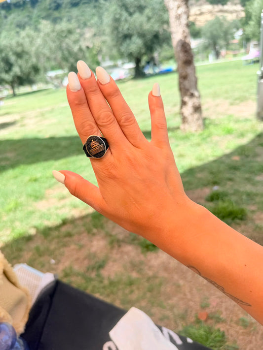 Anello in Argento 925 con Moschea di Al-Aqsa e Pietre Onice Nero Incastonate