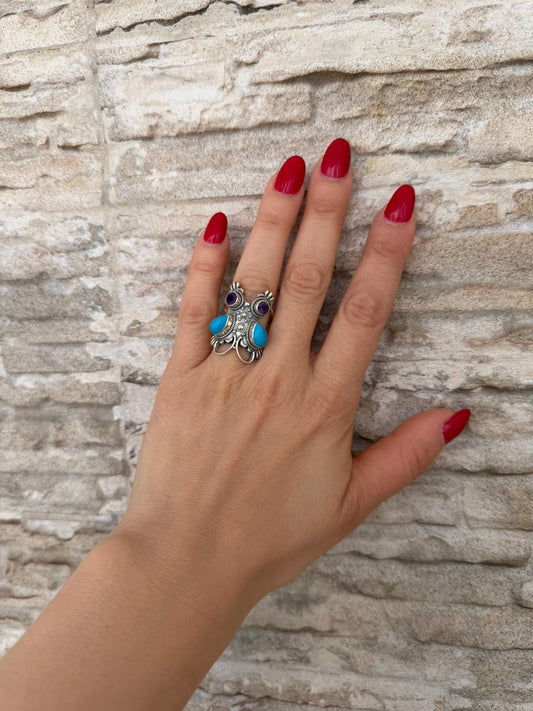 Anello Gufo Argento 925 con Ametista Viola e Turchese – Pezzo Unico