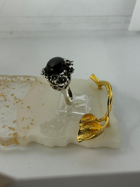 Anello Fiori Argento 925 con Onice Nero – Pezzo Unico
