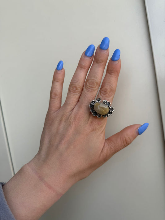 Anello Fiori e Agata Striata in Argento 925