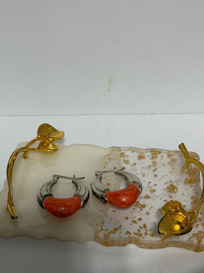 Orecchini in Argento 925 a Cerchio Bombato con Smalto Arancione — Anni '60