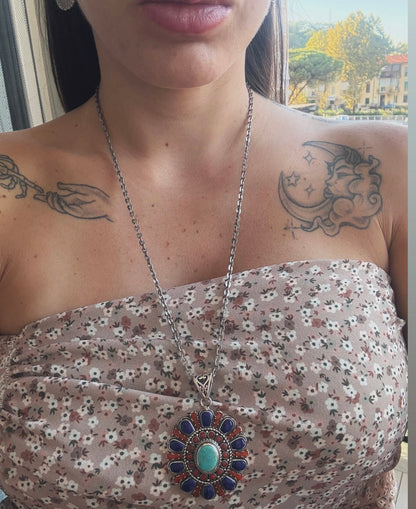 Collana in argento 925 ciondolo fiore lapis blu, corallo rosso e turchese