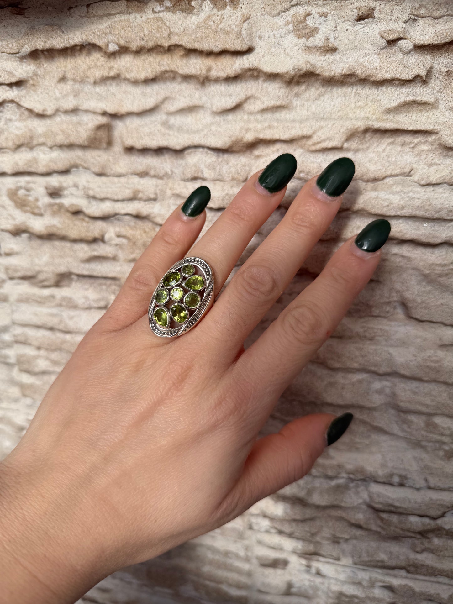 Anello Argento 925 con Pietre Serpentino Verde | Misura 16-17 | Pezzo Unico