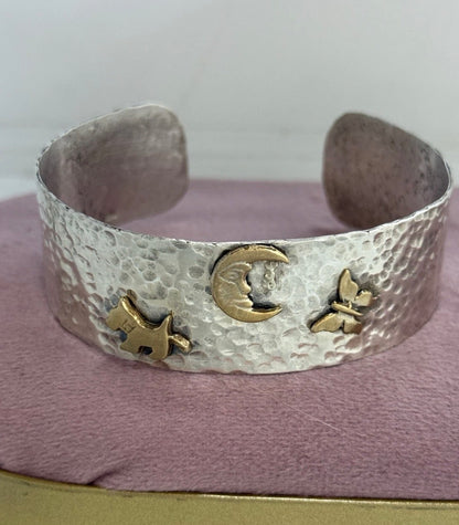 Bracciale Rigido in Argento 925 con Luna, Cane e Farfalla – Regolabile