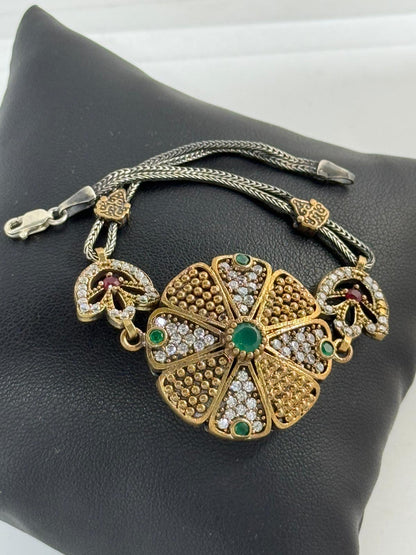 Bracciale Argento 925 Radice di Smeraldo Verde Design Floreale con Rubino – Pezzo Unico