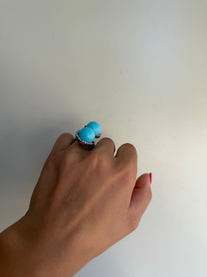 Anello in Argento 925 con Due Sfere di Turchese e Zirconi Bianchi