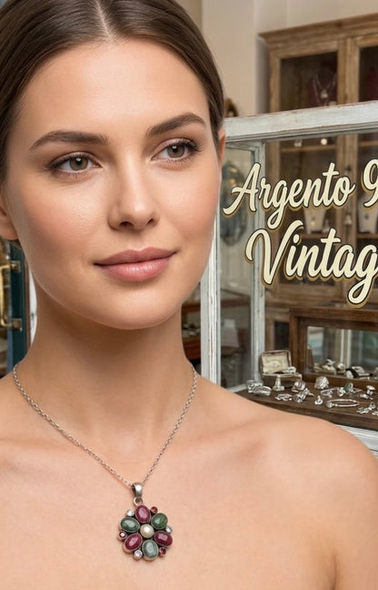 Collana in argento 925 fiore con pietre preziose – Artigianale