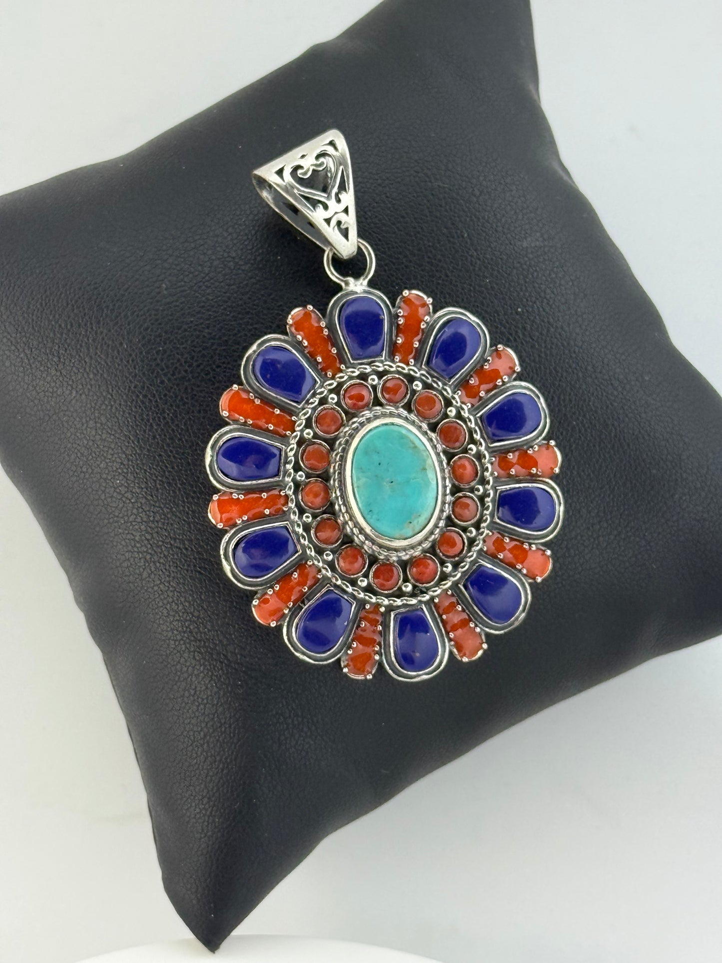 Collana in argento 925 ciondolo fiore lapis blu, corallo rosso e turchese
