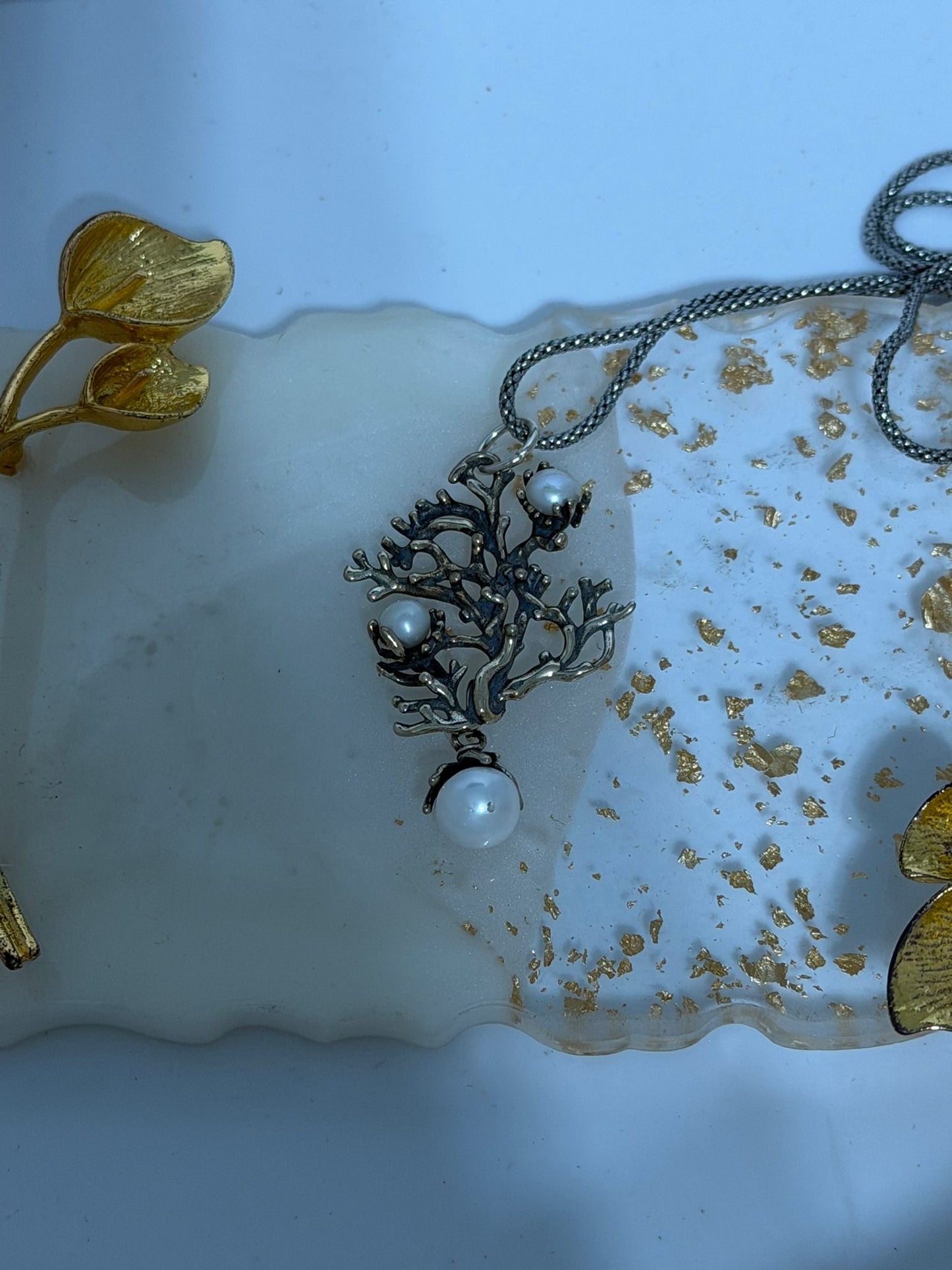 Collana in Argento 925 con Ramo di Corallo e Perle Bianche