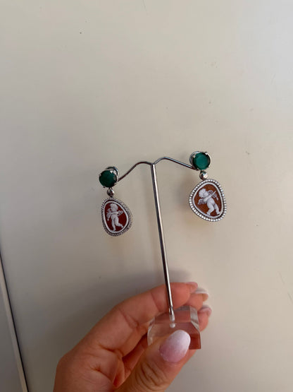 Orecchini al Lobo in Argento 925 Cammeo su Conchiglia e Pietra Verde
