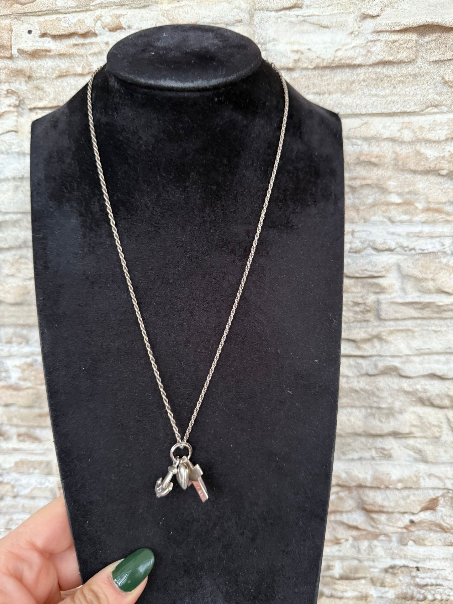 Collana Argento 925 Tre Ciondoli Croce Cuore Ancora - Fede Speranza Amore