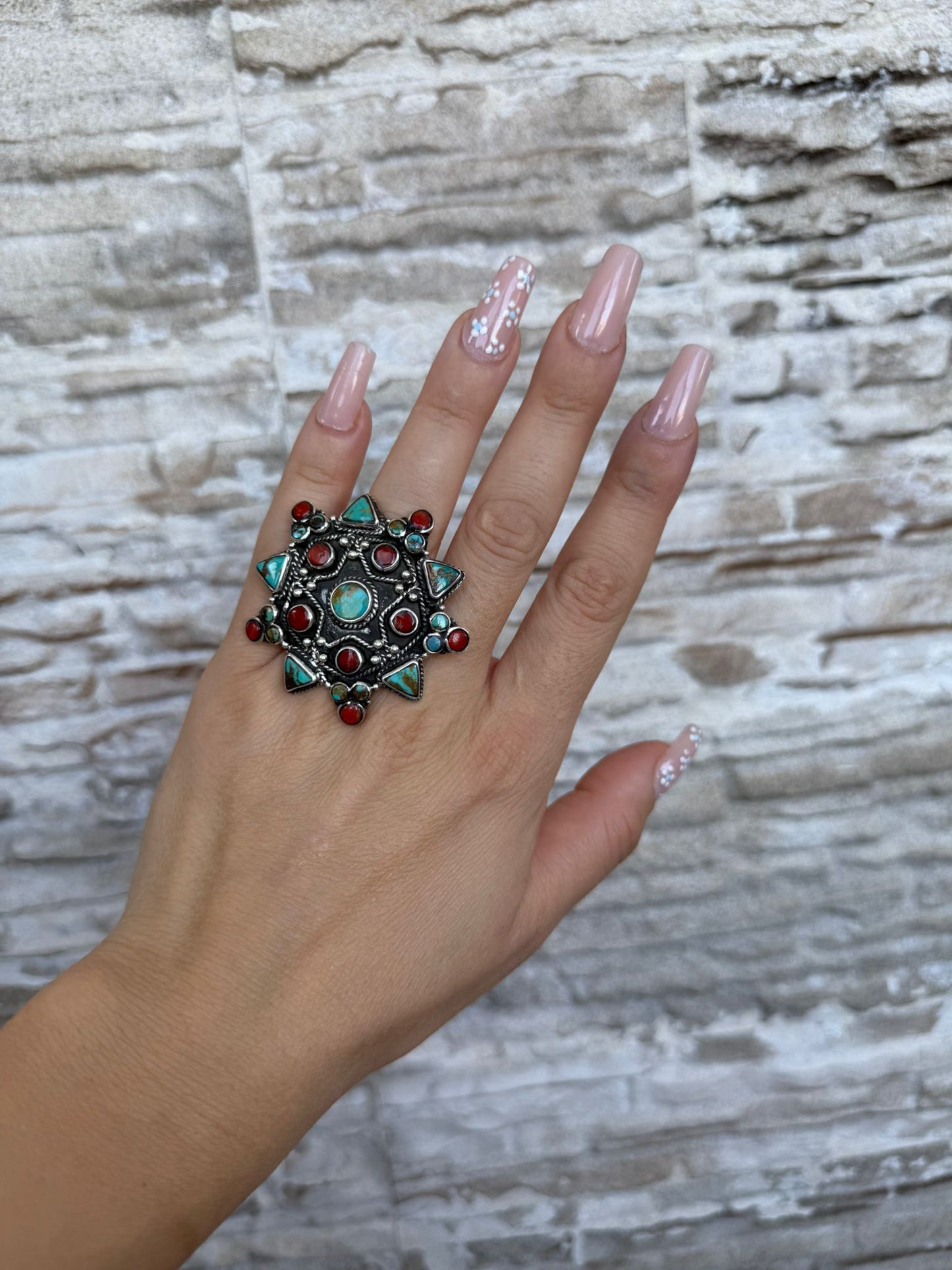 Anello in argento 925 turchese e corallo