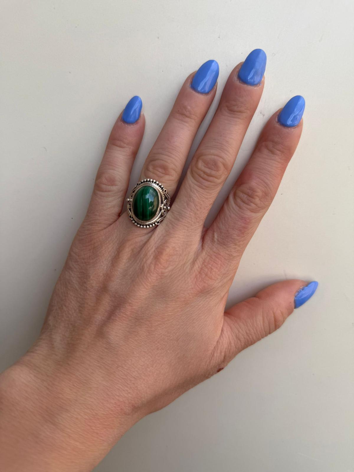 Anello Argento 925 con Malachite Verde Naturale | Misura 14 | Pezzo Unico