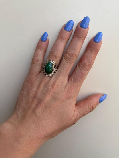 Anello Argento 925 con Malachite Verde Naturale | Misura 14 | Pezzo Unico
