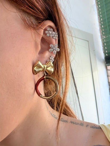 Orecchini in Argento 925 Dorato a Cerchi Pendenti Smaltati con Fiocco al Lobo