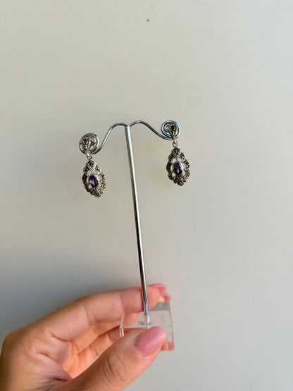 Orecchini in Argento 925 con Pietre Ametista Viola e Marcasiti