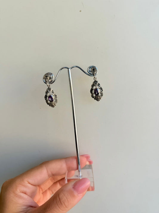 Orecchini in Argento 925 con Pietre Ametista Viola e Marcasiti