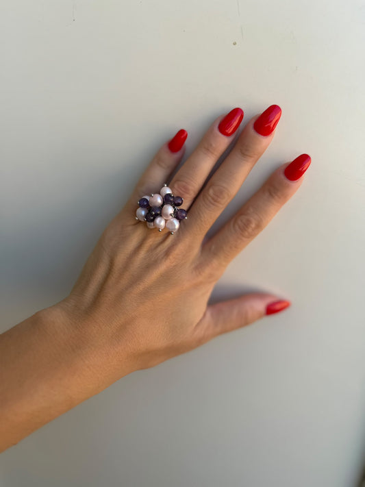 Anello regolabile in argento 925 con perle rosa e ametista viola – Pezzo Unico