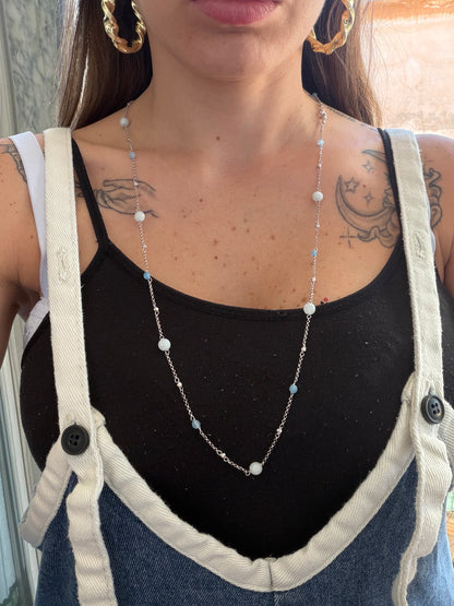 Collana lunga in argento 925 pietre agata blu e calcedonio.