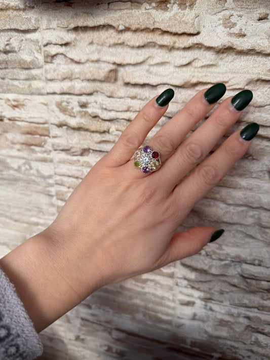 Anello Fiore Argento 925 con 5 Pietre Multicolor | Misura 17-18 | Pezzo Unico