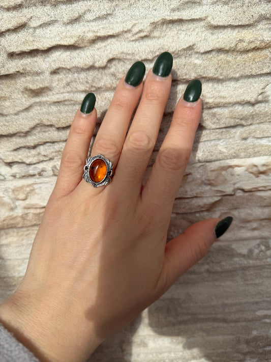 Anello Argento 925 con Ambra Baltica Centrale | Misura 18 | Pezzo Unico